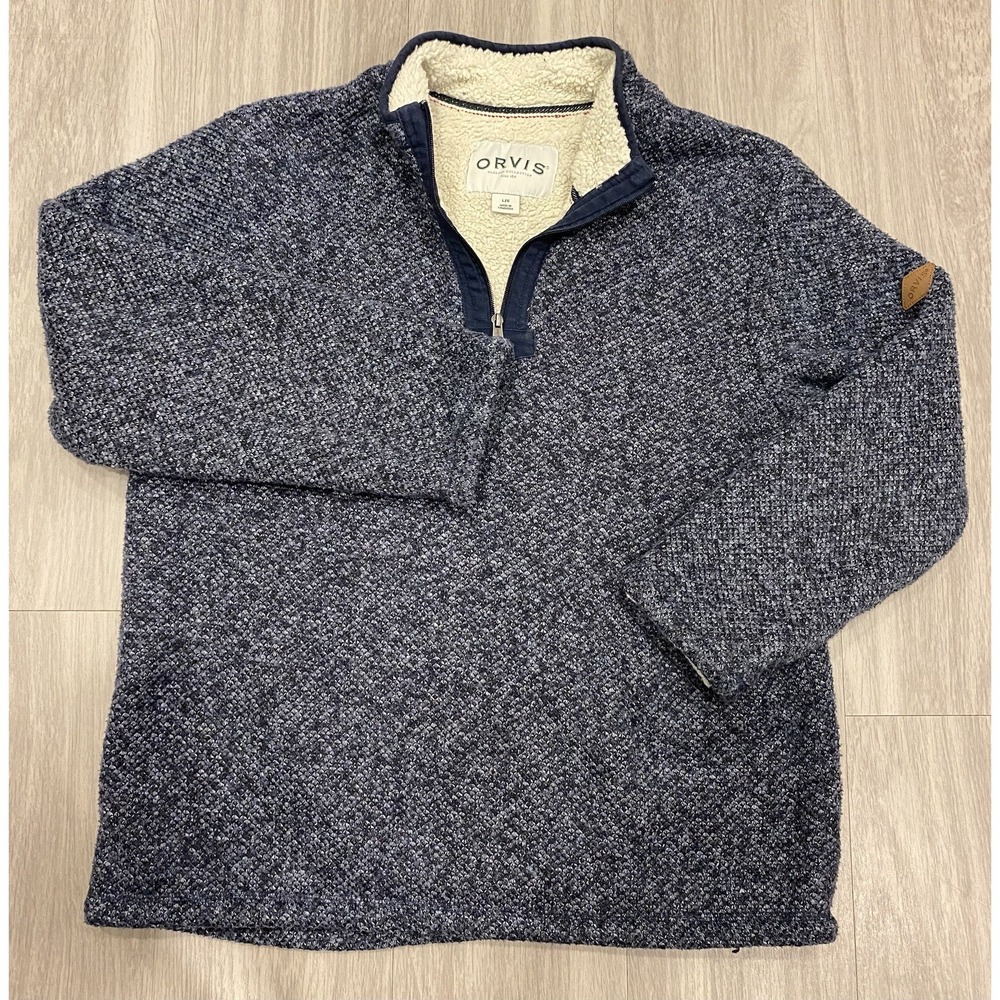ORVIS 1/4 Zip Pullover Mens Large Sherpa lined Blue Sweater L